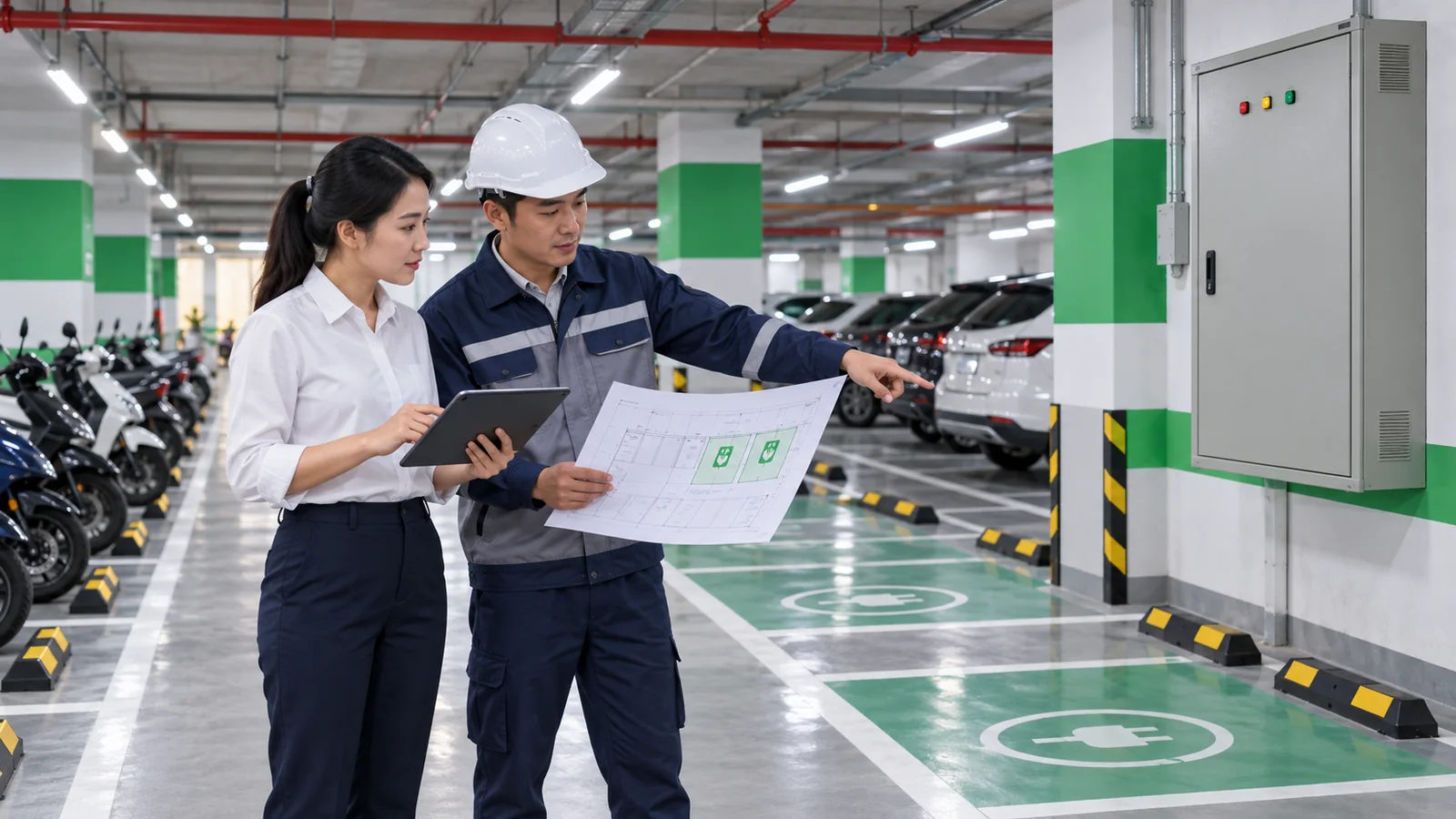 Kỹ thuật viên khảo sát bãi xe chung cư trước khi đề xuất mô hình hợp tác