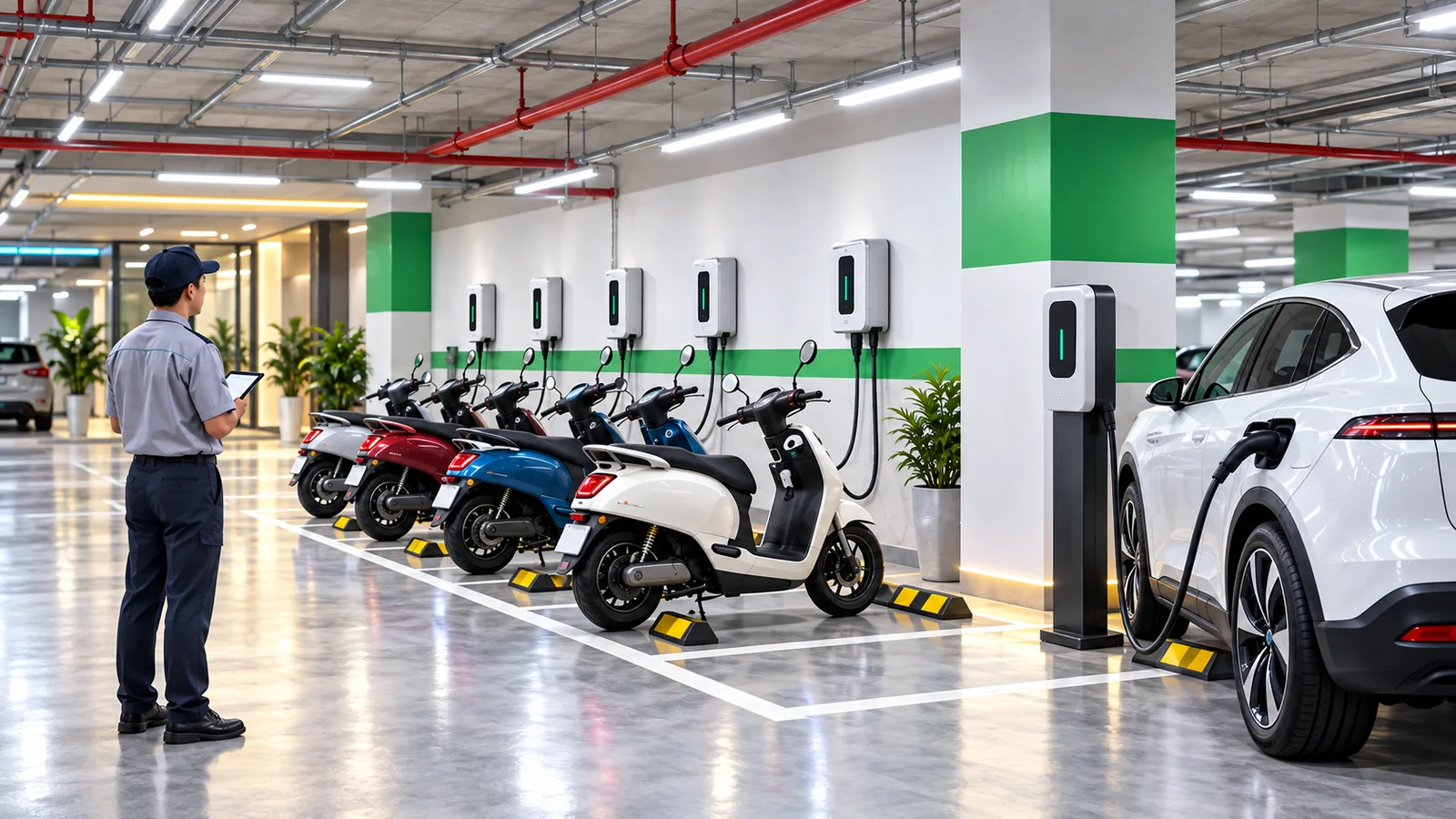 Khu sạc xe điện hoàn thiện trong bãi xe chung cư