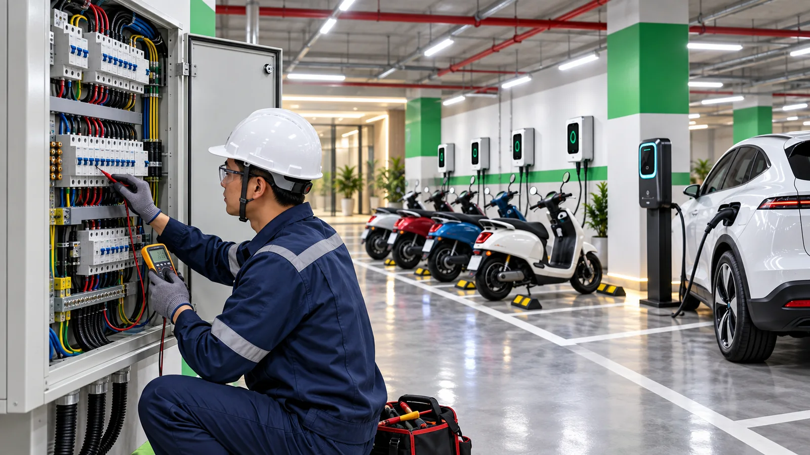Kỹ thuật viên kiểm tra an toàn hệ thống sạc xe máy và ô tô