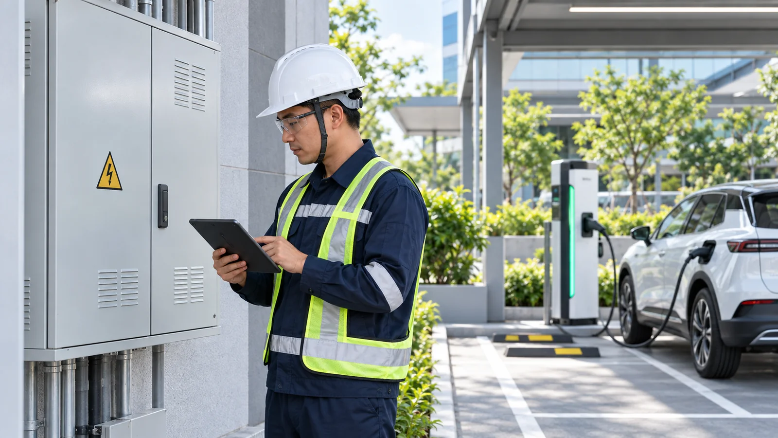 Kỹ thuật viên kiểm tra nguồn điện trước khi lập dự toán trạm sạc