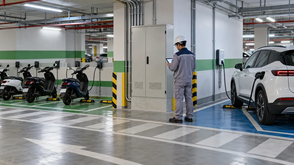 Kỹ thuật viên giám sát hệ thống điện cho khu sạc xe máy và ô tô AC